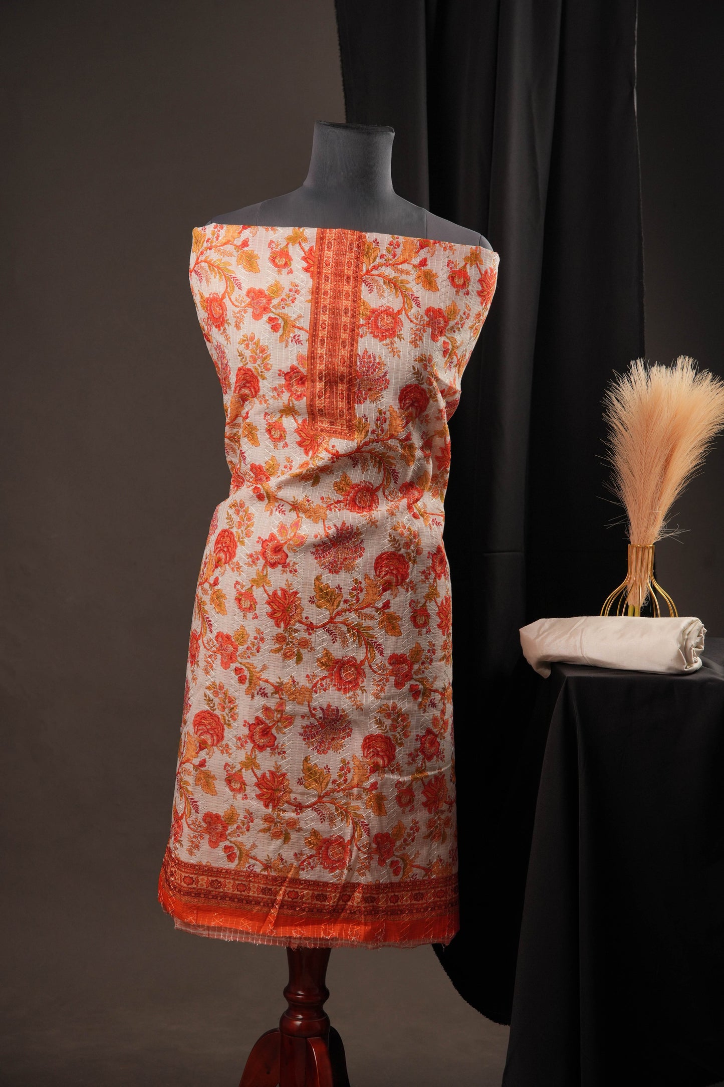 Off-White Cotton Unstitched Suit with Orange Floral Printed On Top & Ciffly Dupatta