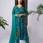 Teal Blue Floral Print Rayon Kurta Set with Dupatta