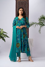 Teal Blue Floral Print Rayon Kurta Set with Dupatta