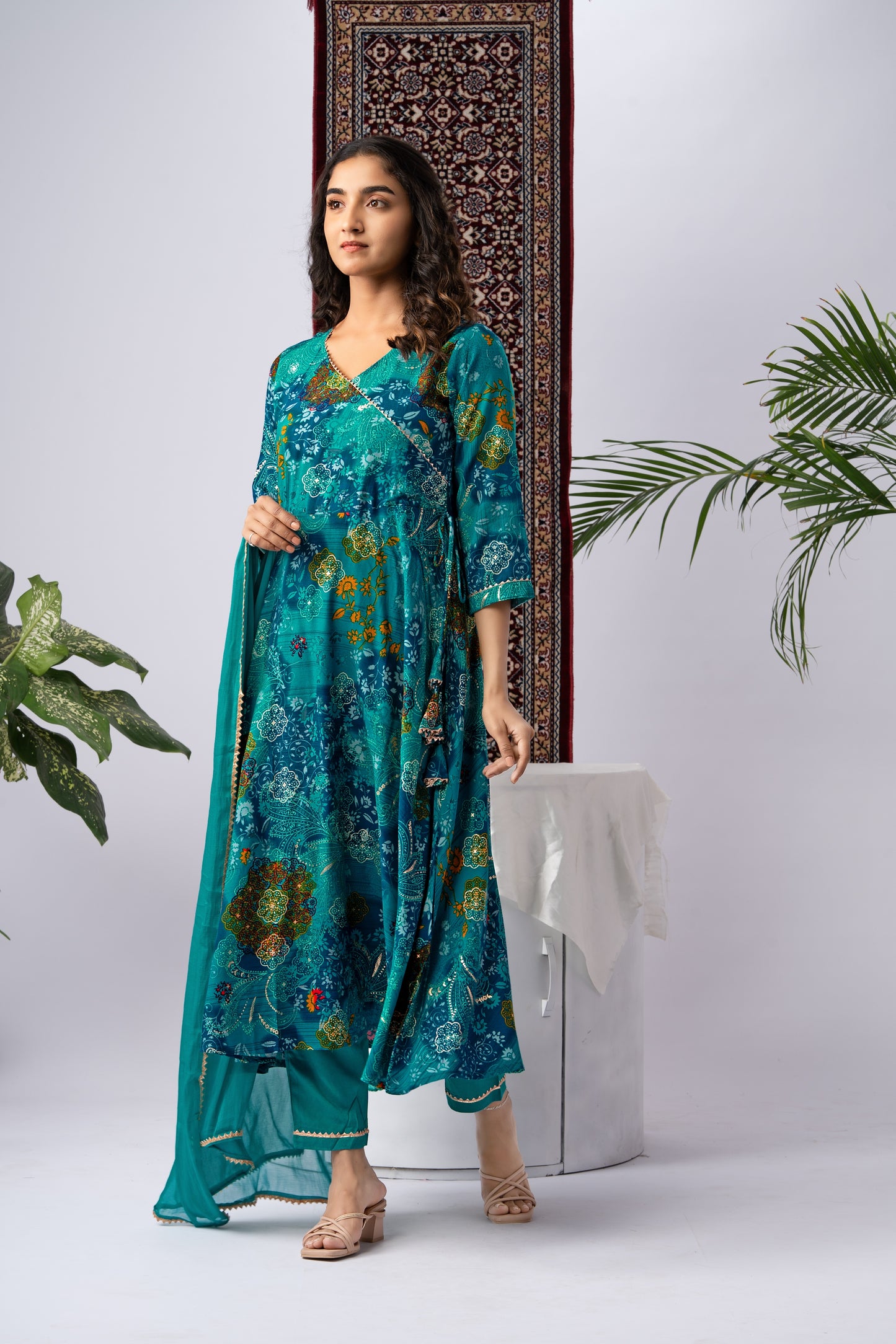 Teal Blue Floral Print Rayon Kurta Set with Dupatta