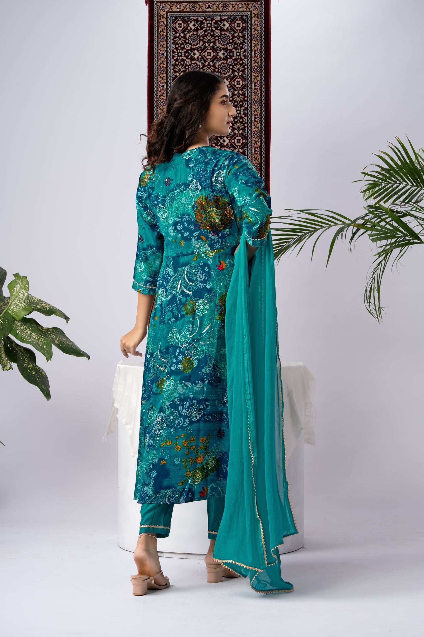 Teal Blue Floral Print Rayon Kurta Set with Dupatta