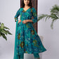 Teal Blue Floral Print Rayon Kurta Set with Dupatta