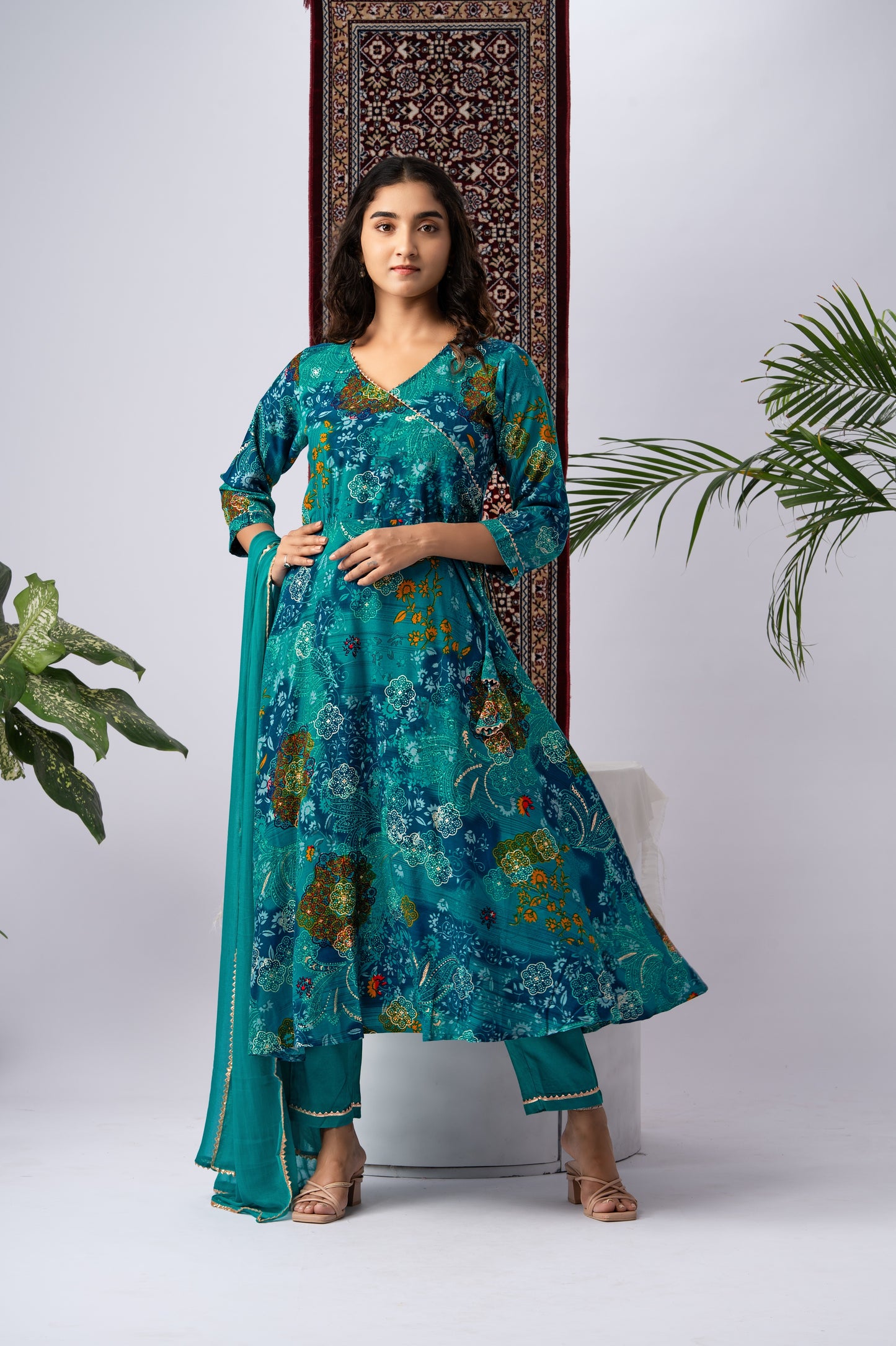 Teal Blue Floral Print Rayon Kurta Set with Dupatta