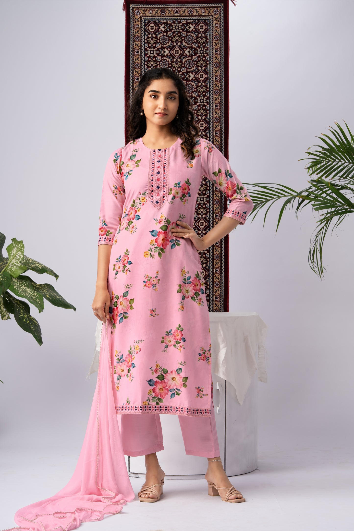 Blush Pink Floral Print Rayon Kurta Set with Dupatta