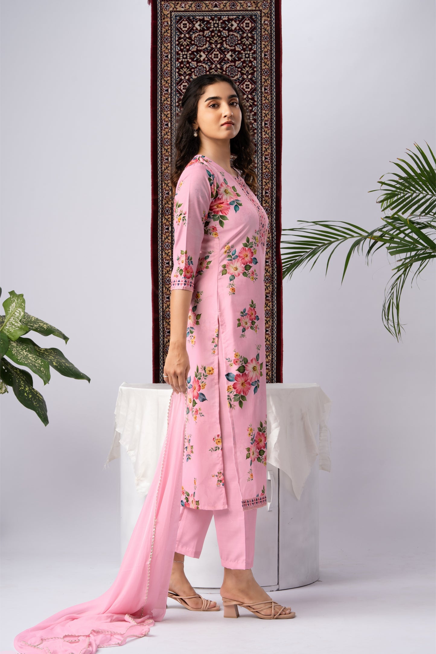 Blush Pink Floral Print Rayon Kurta Set with Dupatta