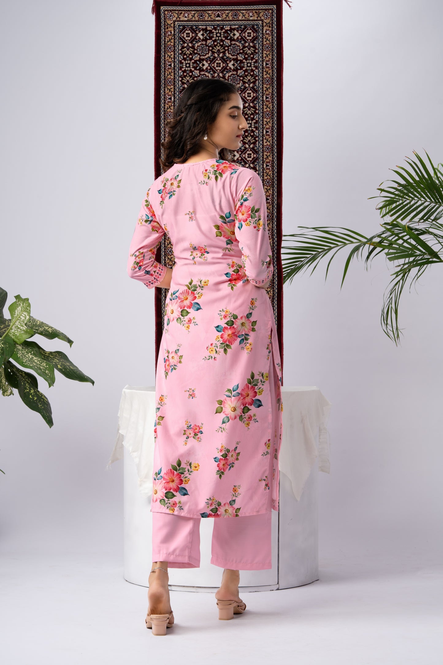 Blush Pink Floral Print Rayon Kurta Set with Dupatta