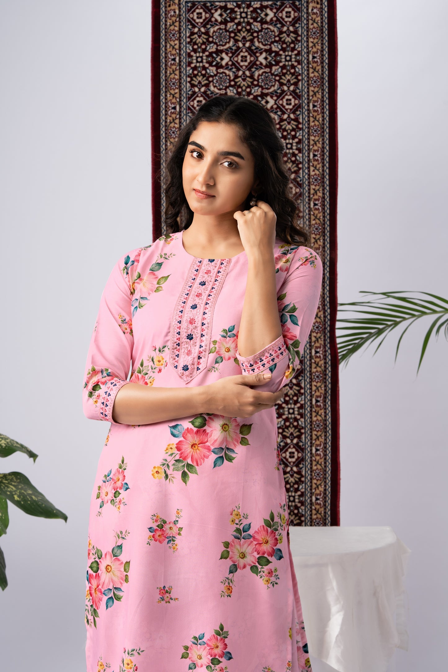 Blush Pink Floral Print Rayon Kurta Set with Dupatta