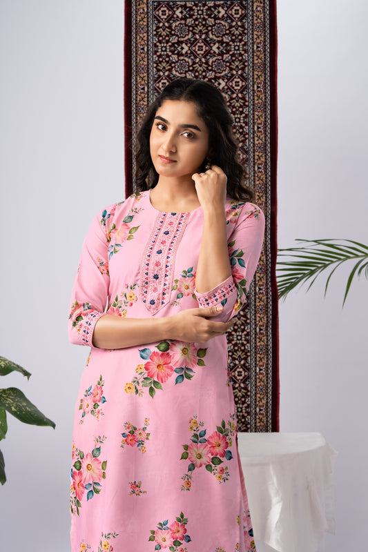 Blush Pink Floral Print Rayon Kurta Set with Dupatta