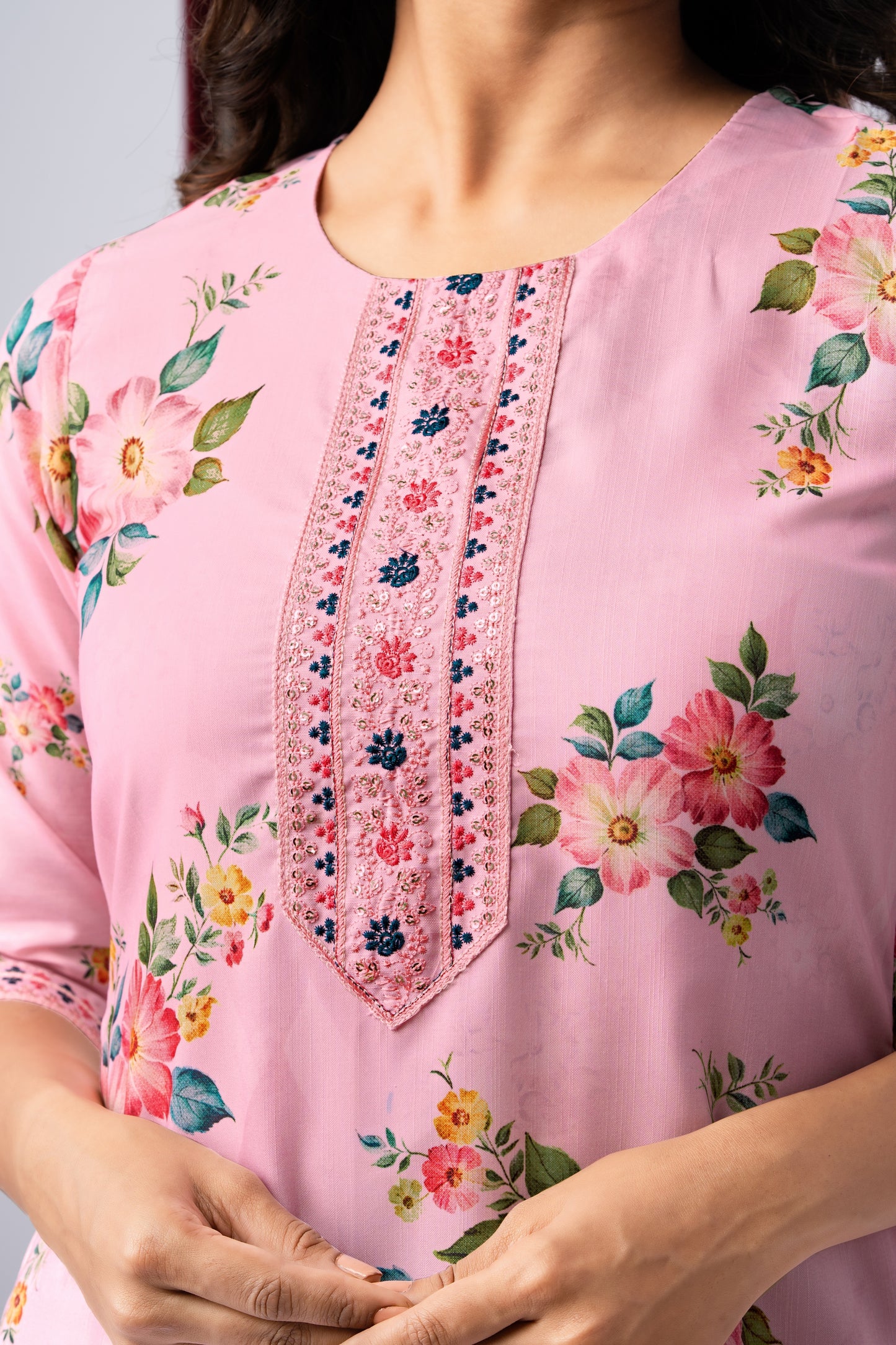 Blush Pink Floral Print Rayon Kurta Set with Dupatta