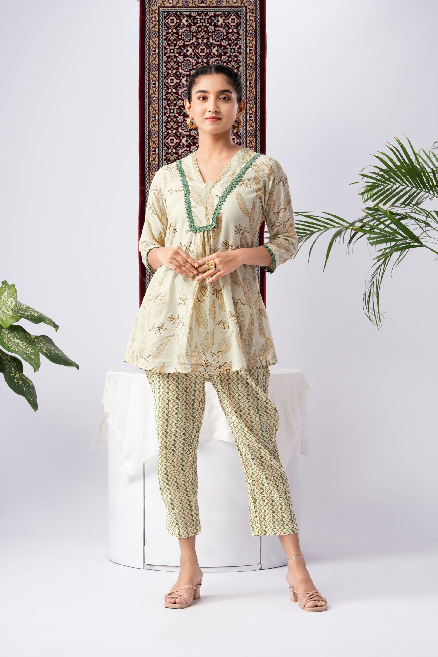 Cream & Leaf Print Pure Cotton Co-Ord Set