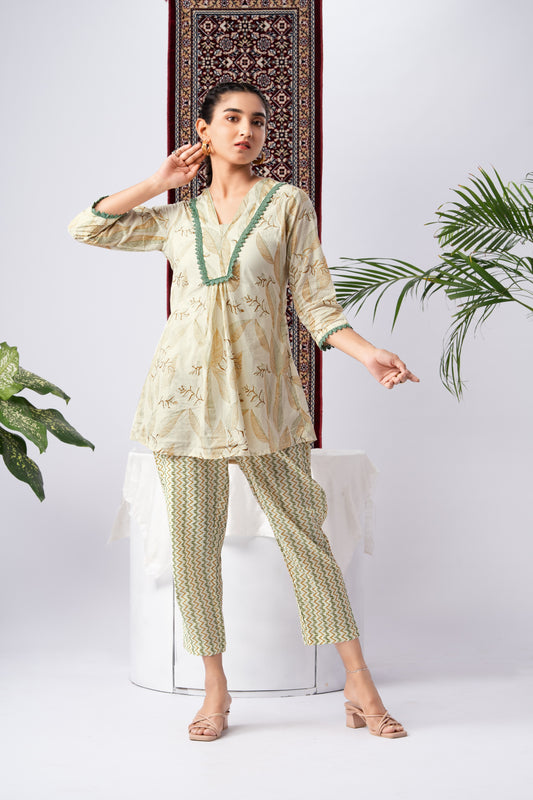 Cream & Leaf Print Pure Cotton Co-Ord Set
