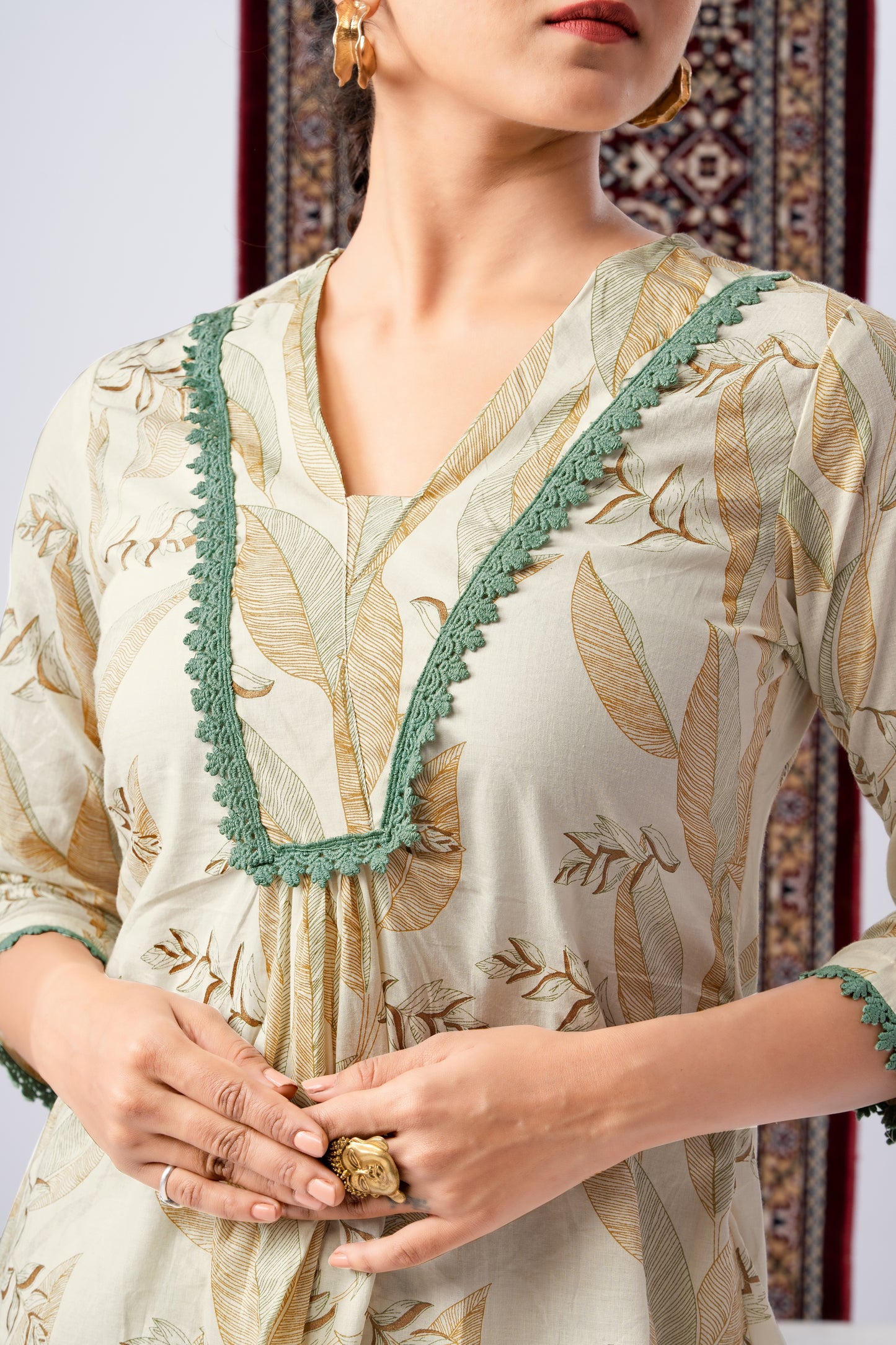 Cream & Leaf Print Pure Cotton Co-Ord Set