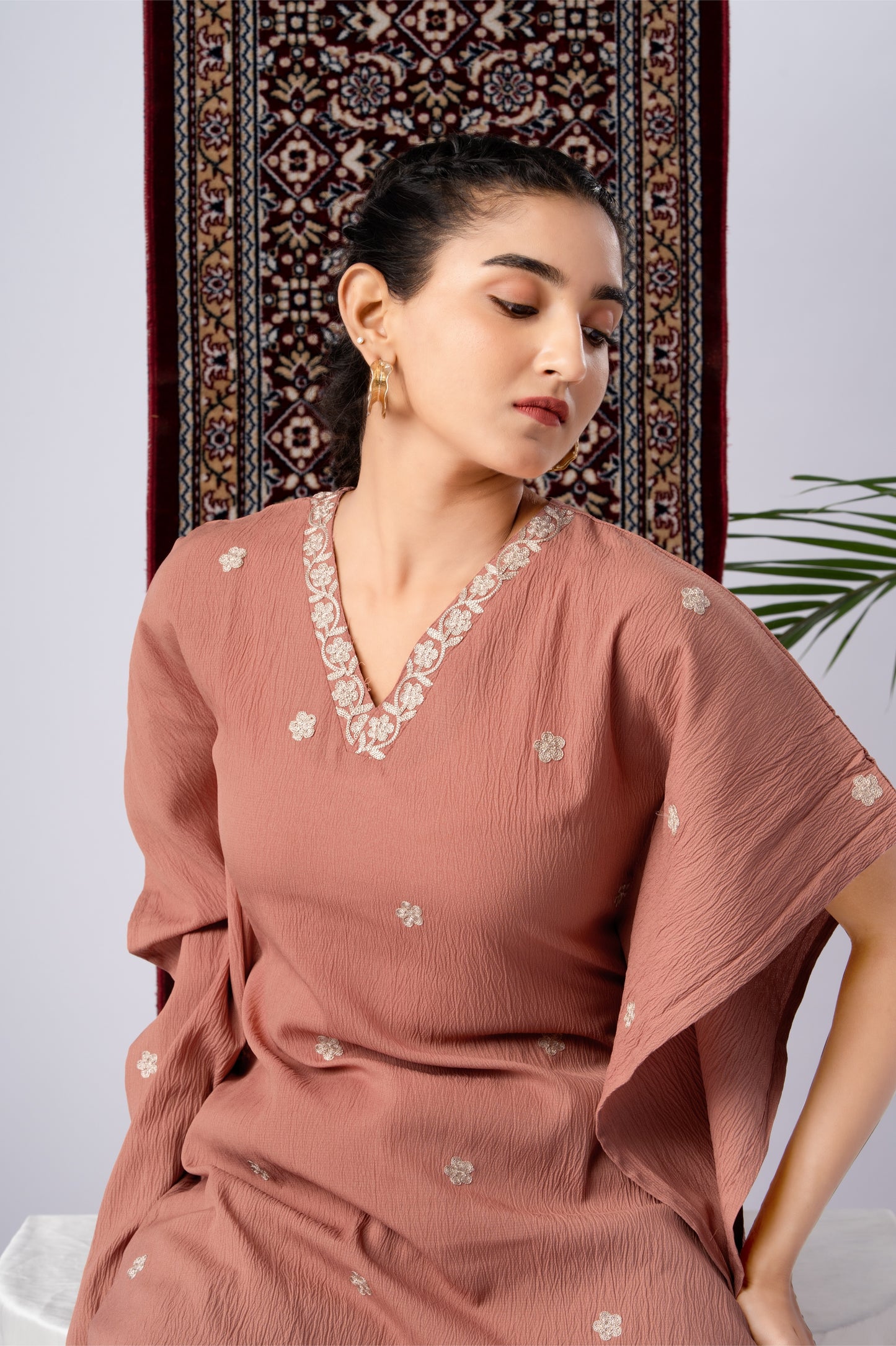 Peach Embroidered Pure Silk Co-Ord Set with V-Neck