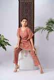 Peach Embroidered Pure Silk Co-Ord Set with V-Neck
