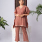 Peach Embroidered Pure Silk Co-Ord Set with V-Neck