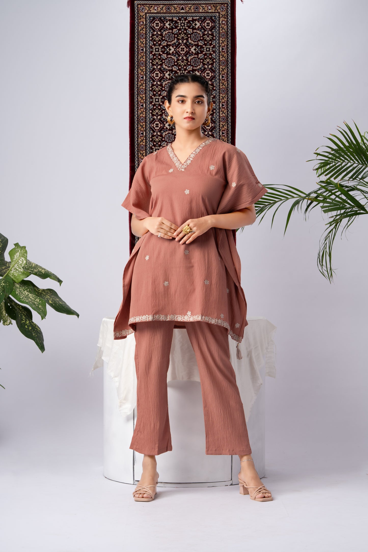 Peach Embroidered Pure Silk Co-Ord Set with V-Neck