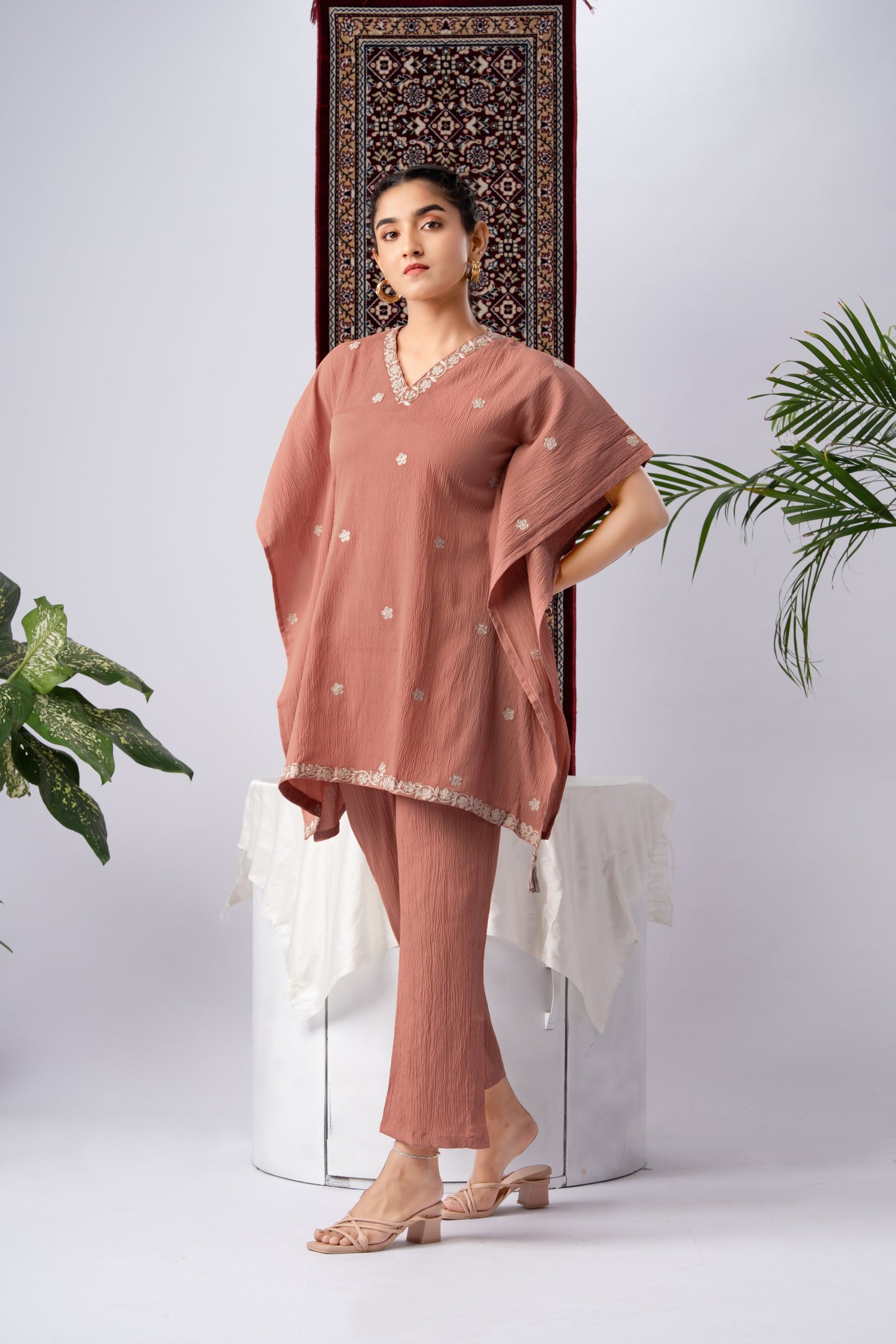 Peach Embroidered Pure Silk Co-Ord Set with V-Neck