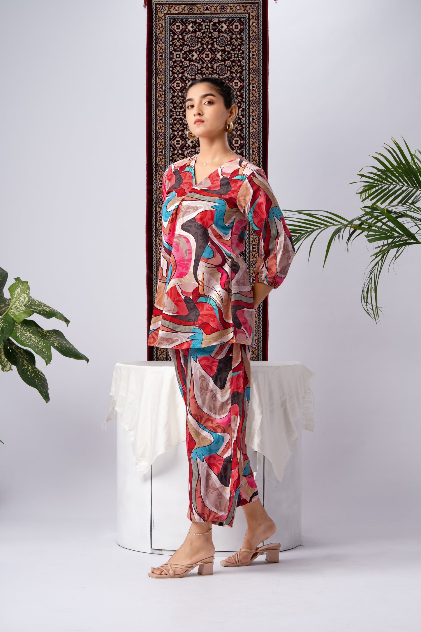 Multicolour Abstract Print Silk Blend Co-Ord Set