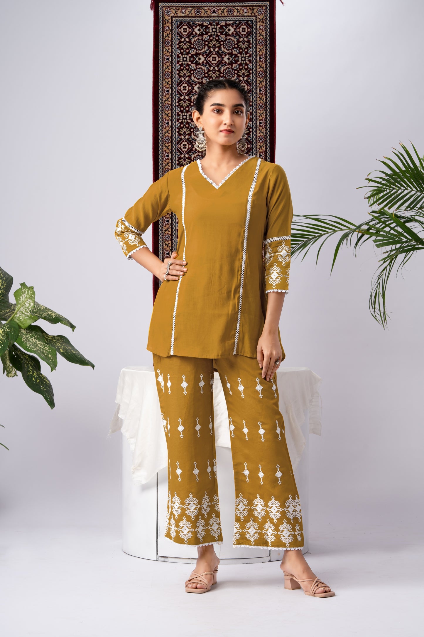 Mustard & White Embroidered Silk Blend Co-Ord Set