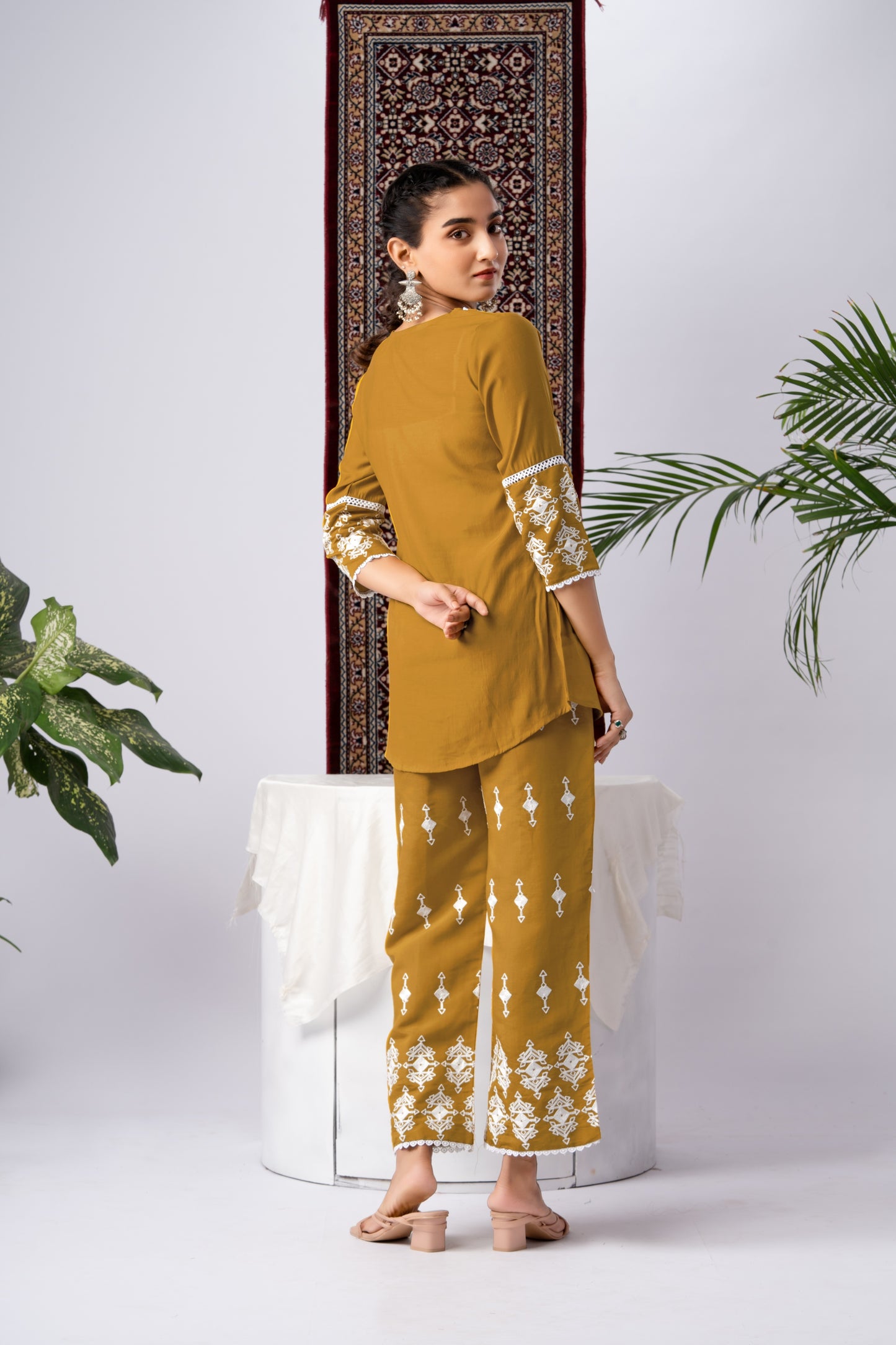 Mustard & White Embroidered Silk Blend Co-Ord Set