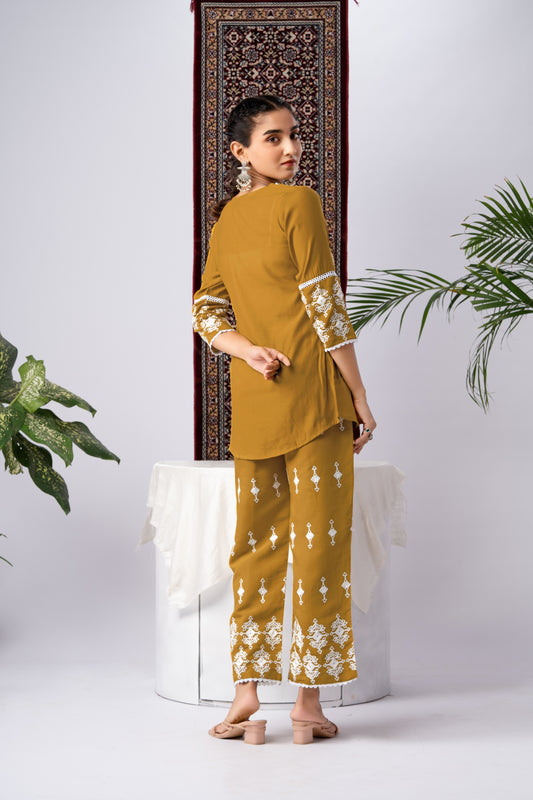 Mustard & White Embroidered Silk Blend Co-Ord Set