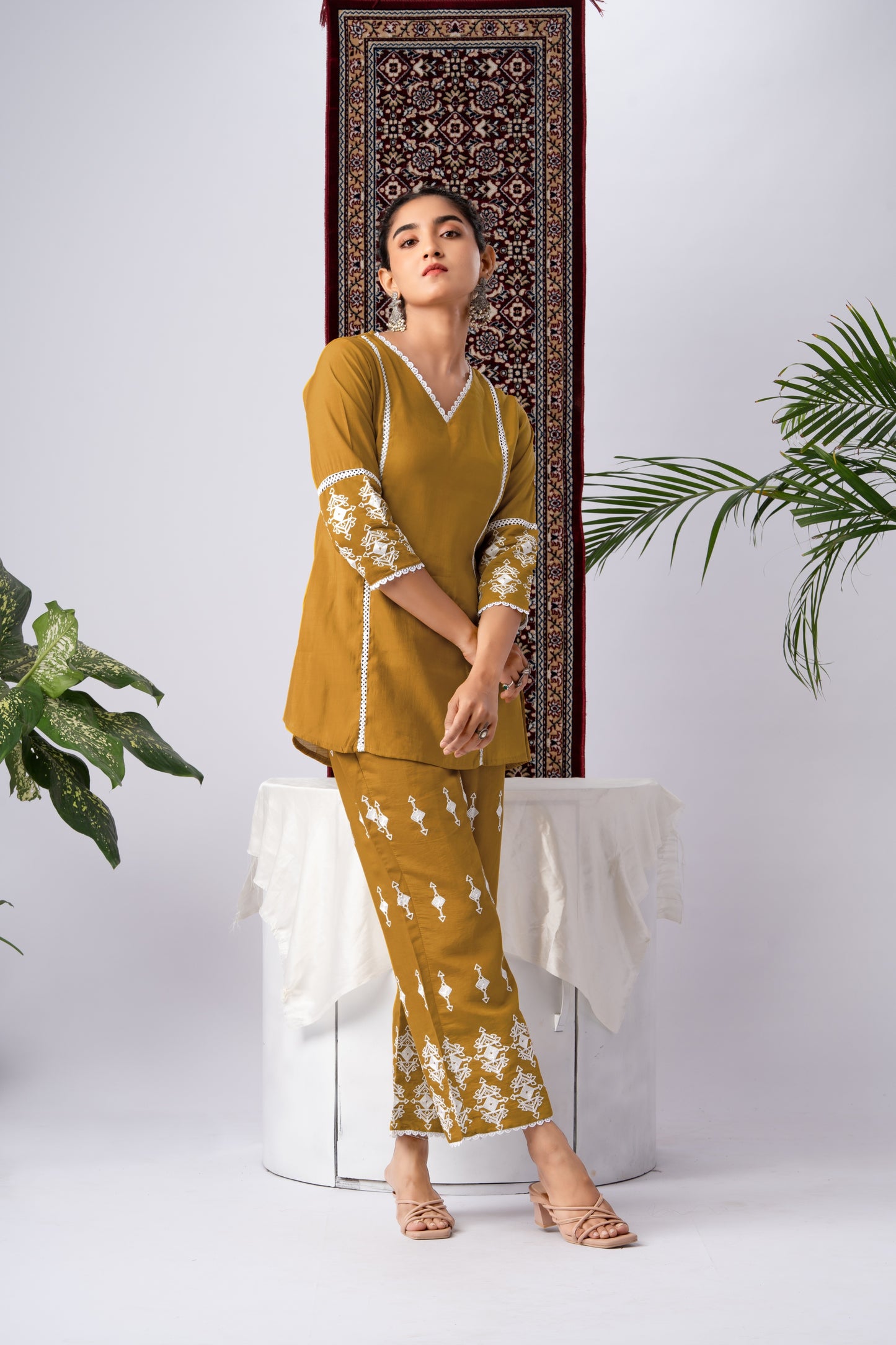 Mustard & White Embroidered Silk Blend Co-Ord Set