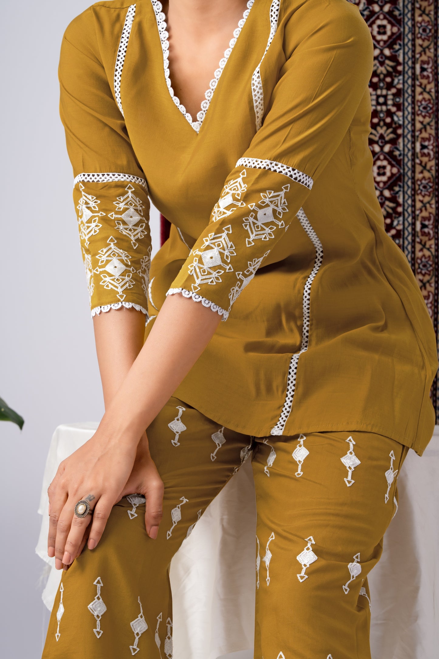 Mustard & White Embroidered Silk Blend Co-Ord Set