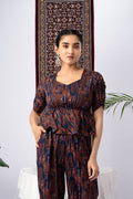 Navy Blue & Abstract Print Pure Silk Co-Ord Set