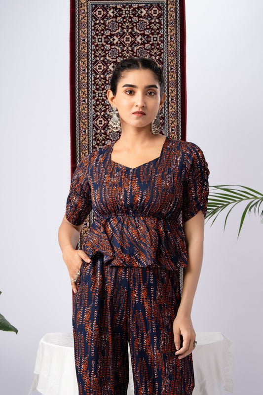 Navy Blue & Abstract Print Pure Silk Co-Ord Set