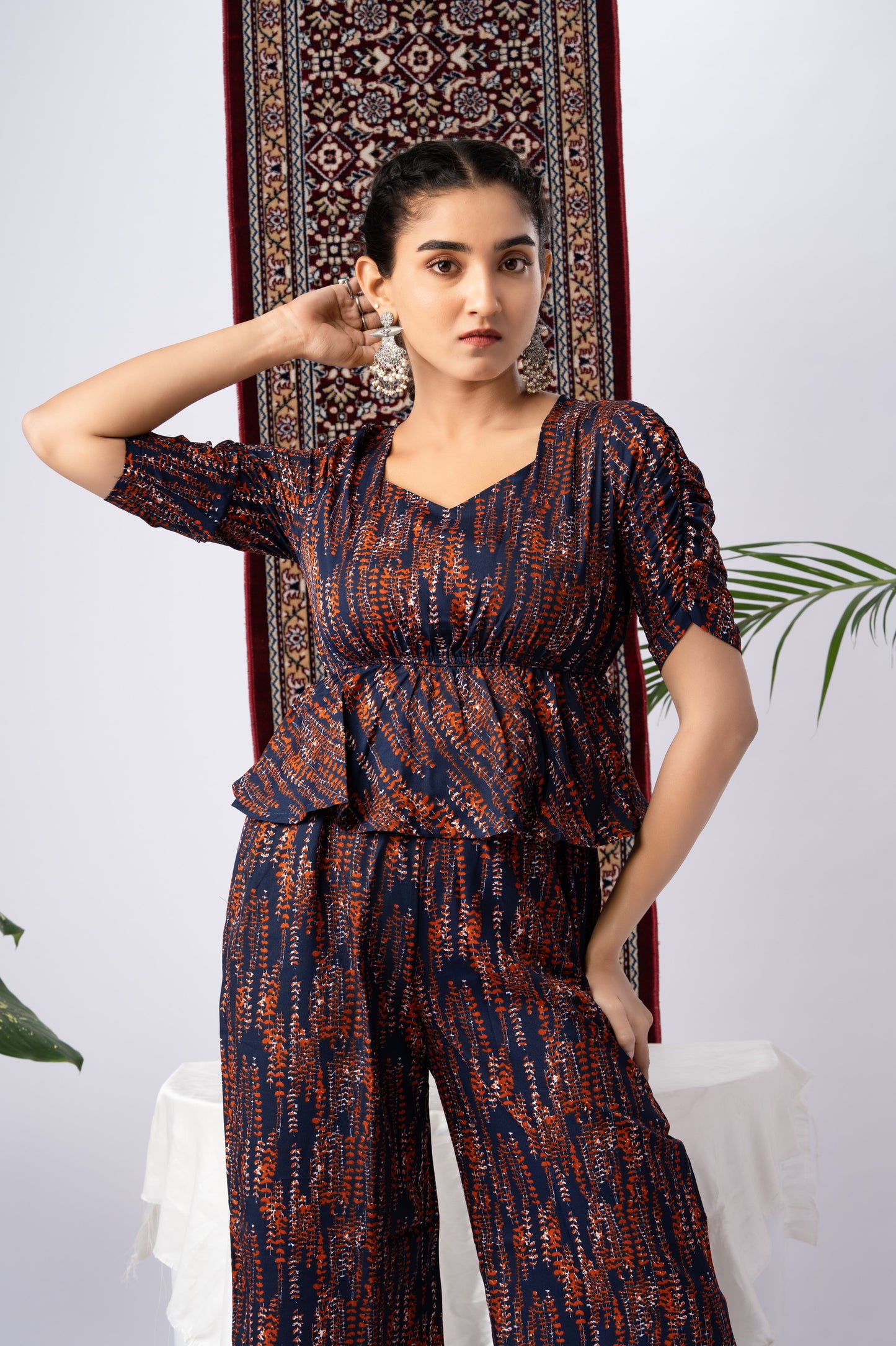 Navy Blue & Abstract Print Pure Silk Co-Ord Set