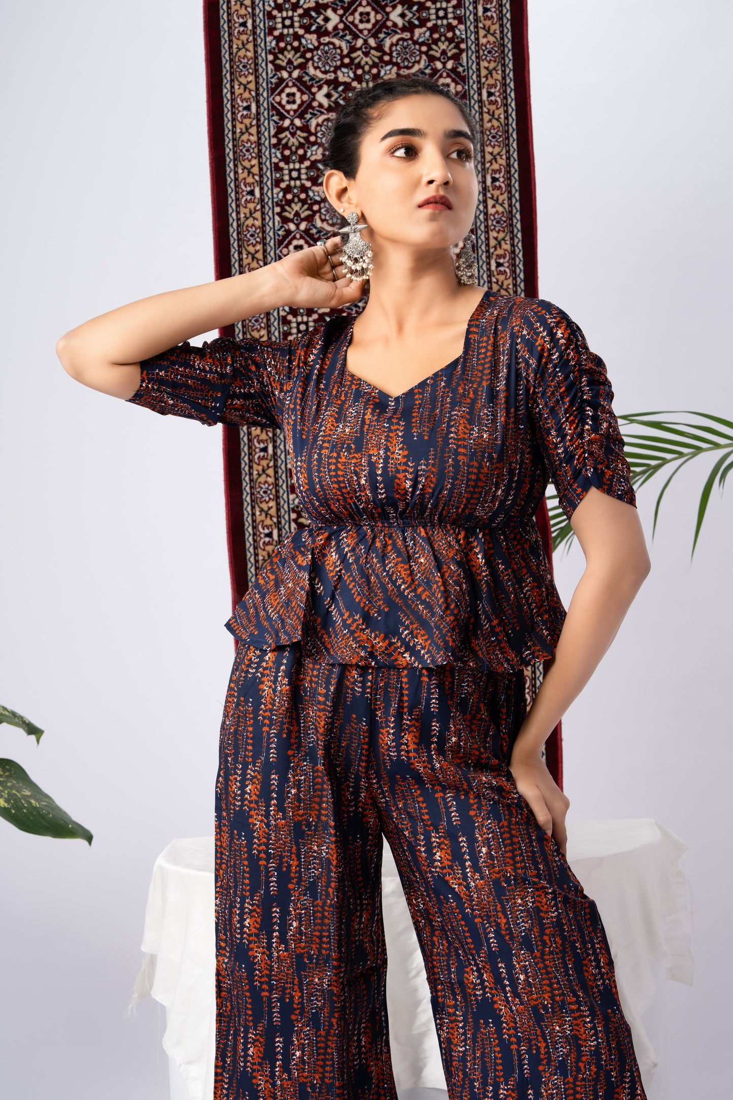 Navy Blue & Abstract Print Pure Silk Co-Ord Set