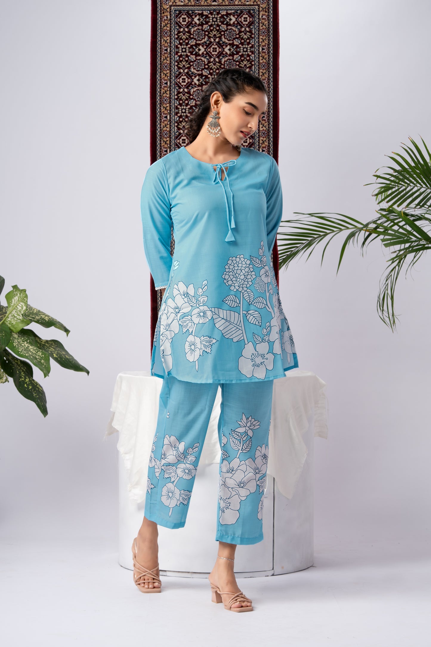 Sky Blue Floral Print Viscose Rayon Co-Ord Set