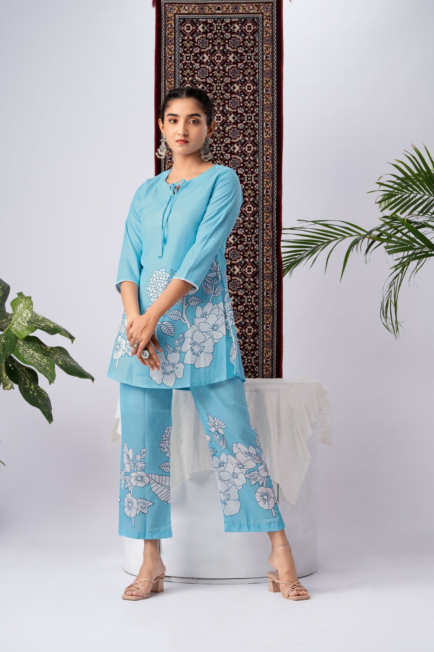 Sky Blue Floral Print Viscose Rayon Co-Ord Set