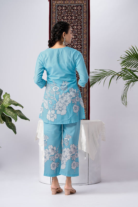 Sky Blue Floral Print Viscose Rayon Co-Ord Set
