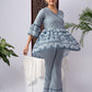 Blue & White Printed Silk Blend Co-Ord Set with Flared Sleeves