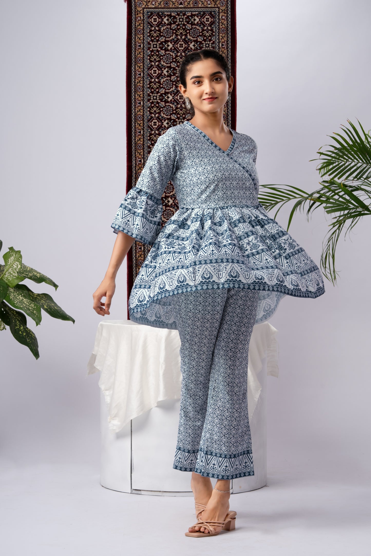 Blue & White Printed Silk Blend Co-Ord Set with Flared Sleeves