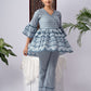 Blue & White Printed Silk Blend Co-Ord Set with Flared Sleeves