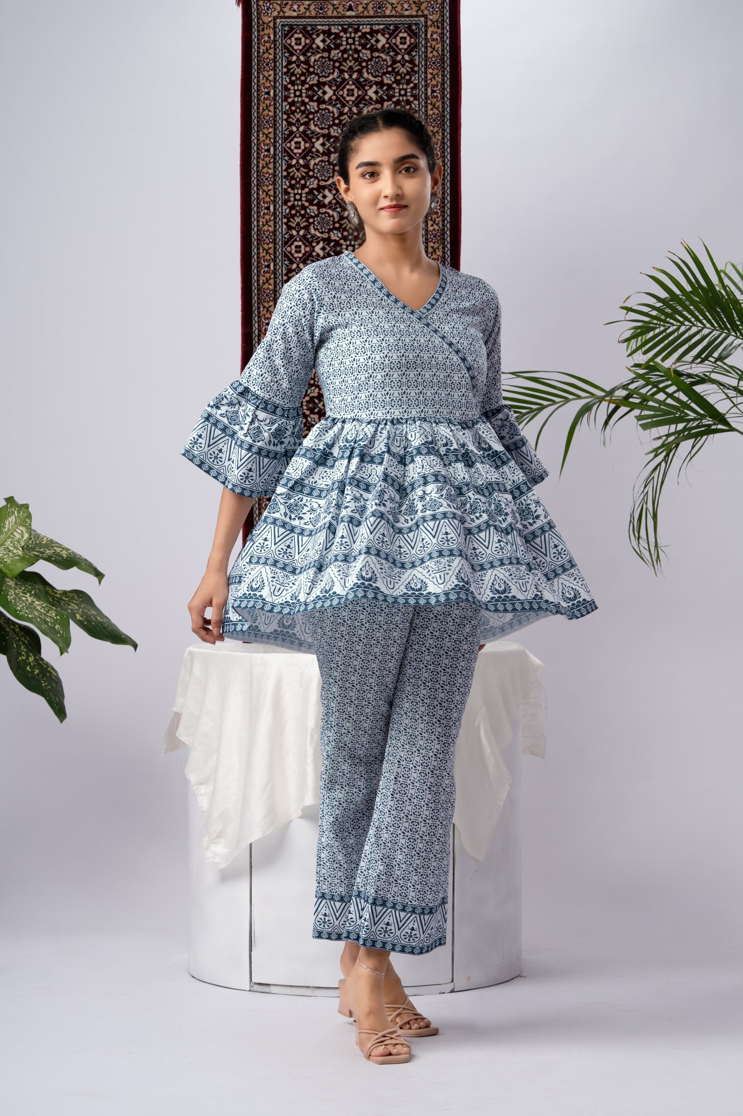 Blue & White Printed Silk Blend Co-Ord Set with Flared Sleeves
