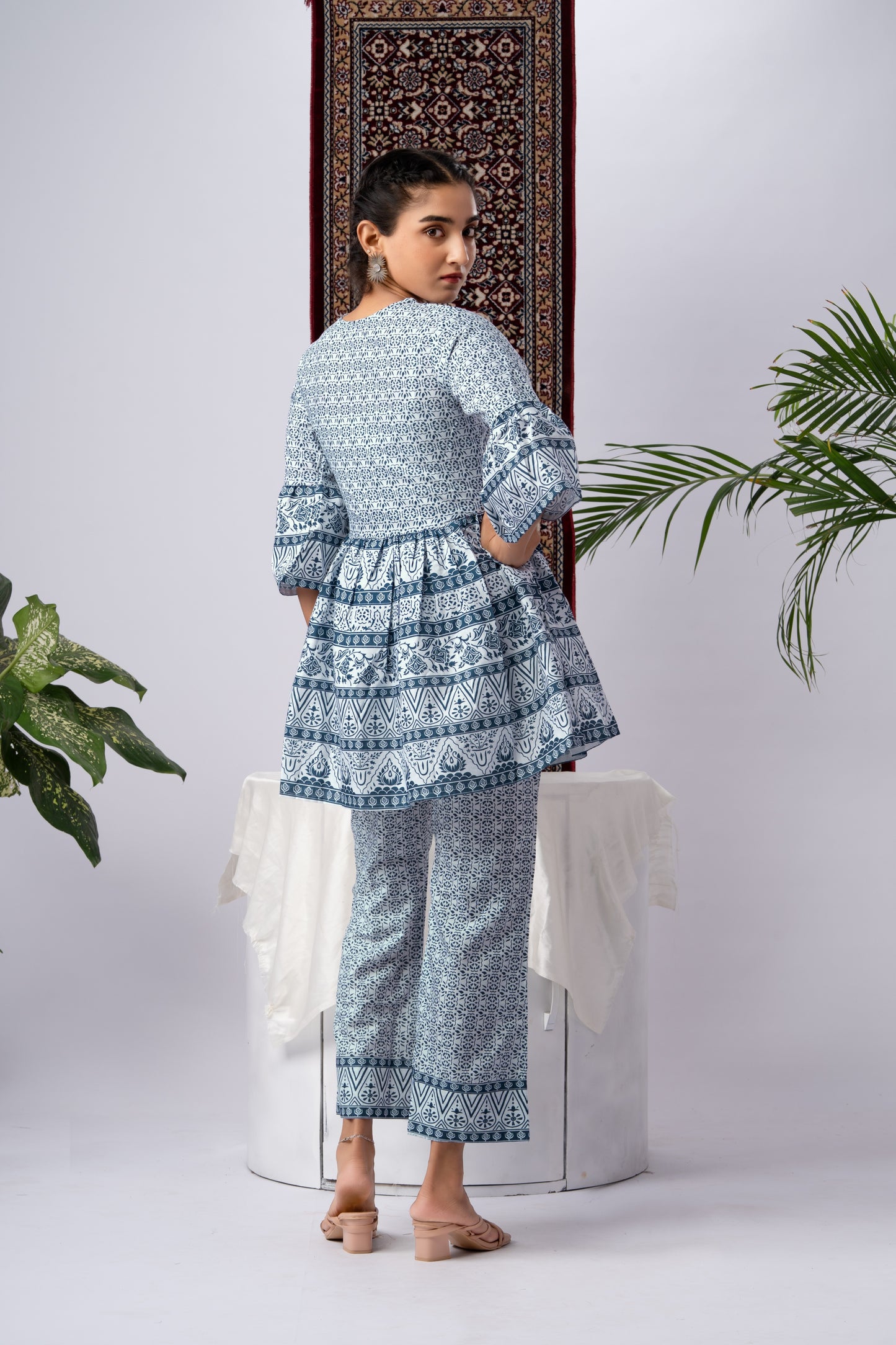 Blue & White Printed Silk Blend Co-Ord Set with Flared Sleeves