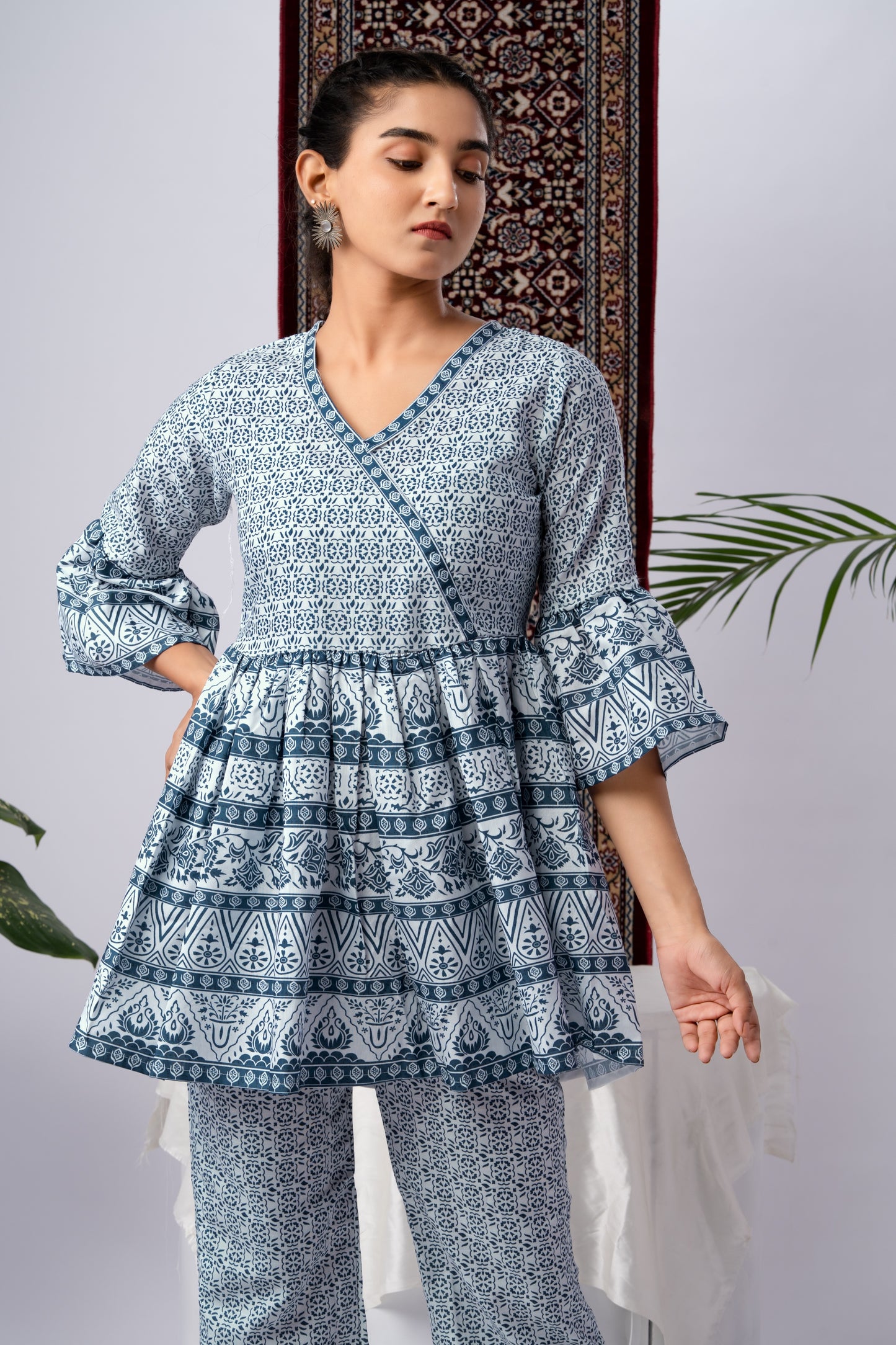 Blue & White Printed Silk Blend Co-Ord Set with Flared Sleeves