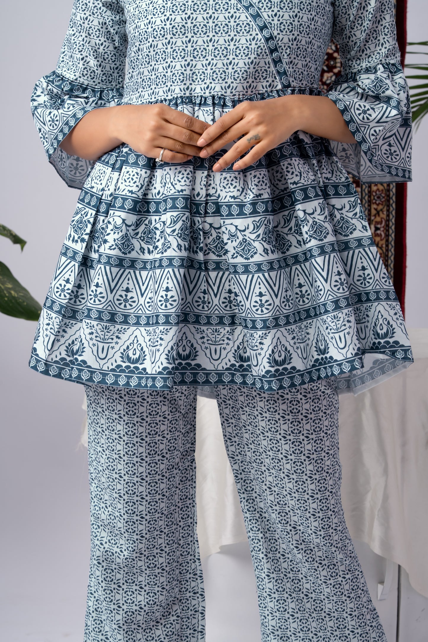Blue & White Printed Silk Blend Co-Ord Set with Flared Sleeves