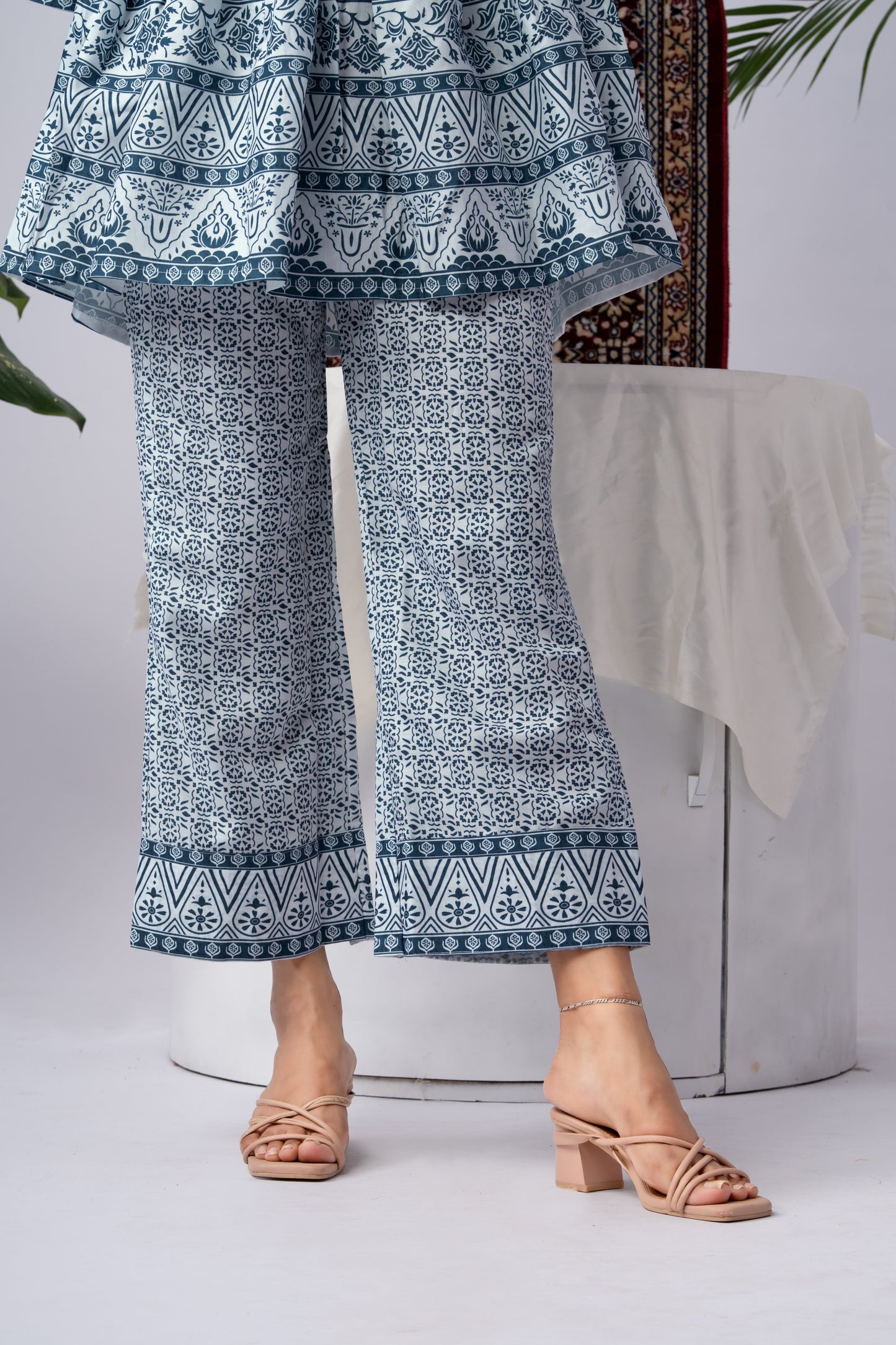 Blue & White Printed Silk Blend Co-Ord Set with Flared Sleeves