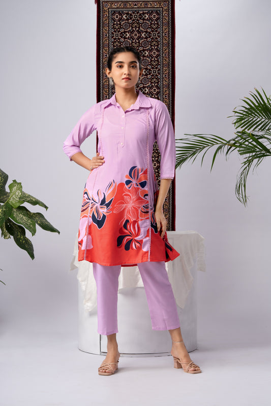 Purple & Coral Floral Print Viscose Rayon Co-Ord Set with Shirt Collar