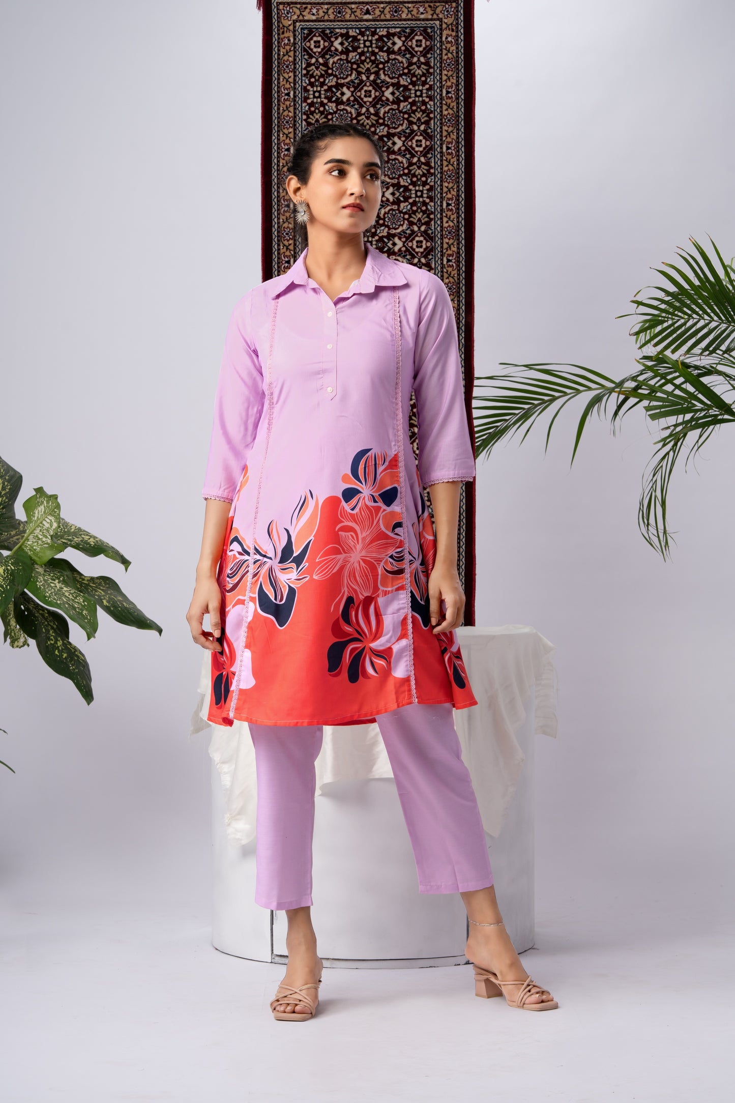 Purple & Coral Floral Print Viscose Rayon Co-Ord Set with Shirt Collar