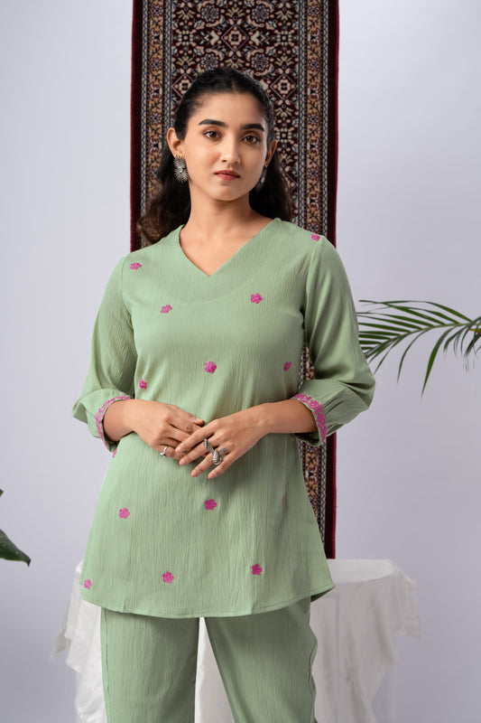 Pastel Green Silk Embroidered Co-Ord Set