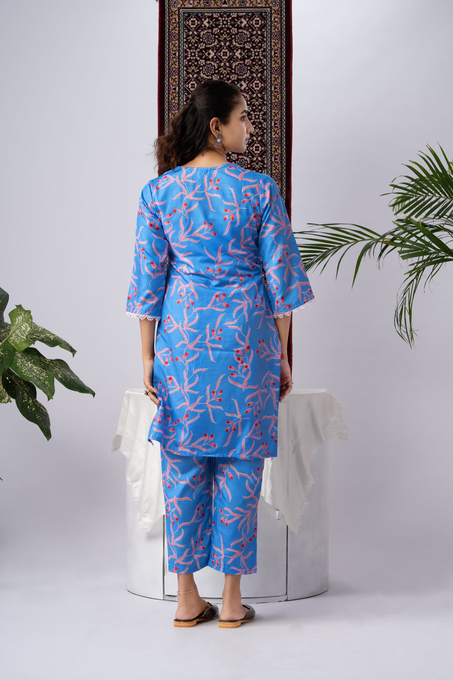 Blue Floral Printed Rayon Kurta Set with Trousers