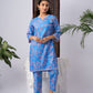 Blue Floral Printed Rayon Kurta Set with Trousers