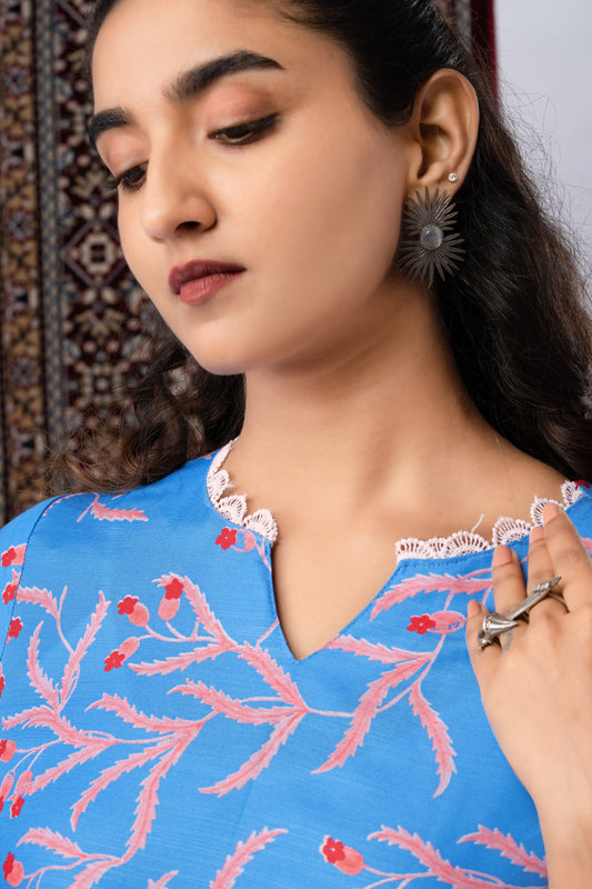 Blue Floral Printed Rayon Kurta Set with Trousers