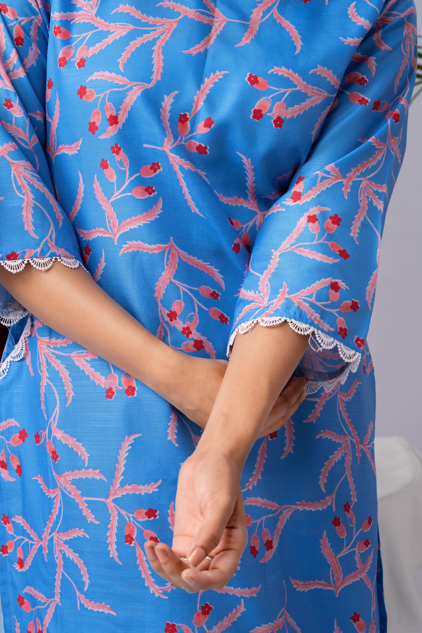 Blue Floral Printed Rayon Kurta Set with Trousers