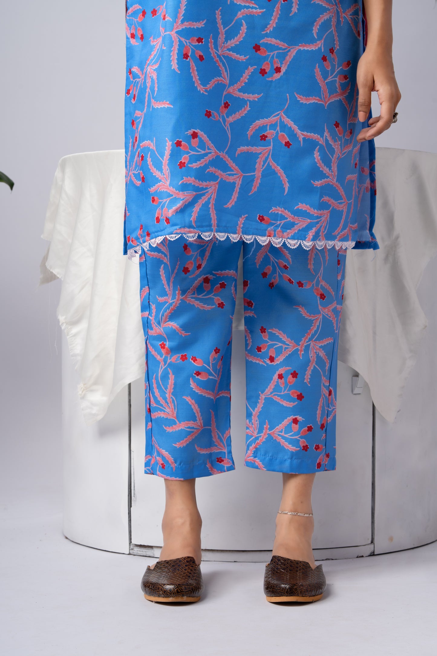 Blue Floral Printed Rayon Kurta Set with Trousers